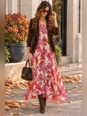 Mango Floral Halter Maxi Dress Pink Chiffon Romantic Flowy Boho Chic S/XS NEW
